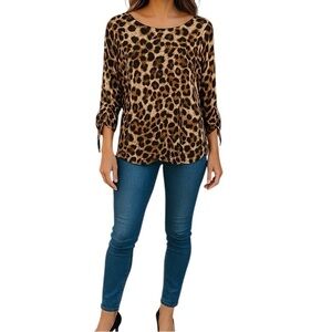Chico’s Animal Print Cheetah Slit Sleeves Lightweight Sexy Bold Top Women Size M